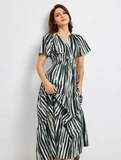 Outlet Cotton Chic Short Sleeve Striped Maxi Skirt Women Vacation Dresses|Casual Dress