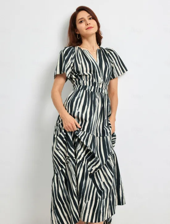 Outlet Cotton Chic Short Sleeve Striped Maxi Skirt Women Vacation Dresses|Casual Dress