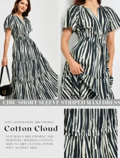 Outlet Cotton Chic Short Sleeve Striped Maxi Skirt Women Vacation Dresses|Casual Dress
