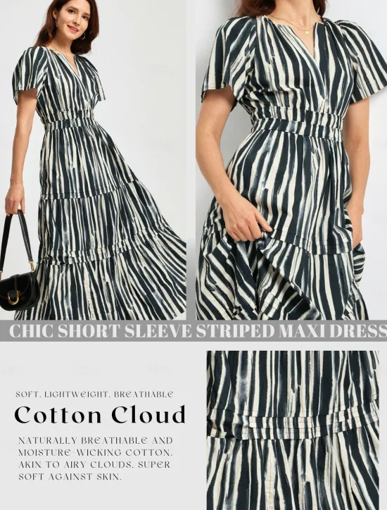 Outlet Cotton Chic Short Sleeve Striped Maxi Skirt Women Vacation Dresses|Casual Dress