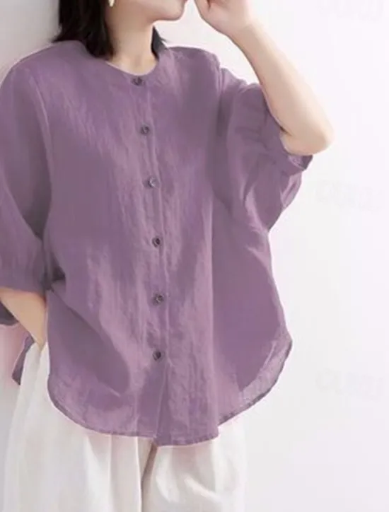 Clearance Cotton Linen Shirts Linen Shirt Button Up Long Cotton Top Women's Black White Yellow Solid Color Buttons Street Daily Fashion Shirt Collar Cotton Linen Regular Fit M Women Shirts