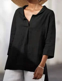 Cotton Linen Shirts Linen Shirt Button Up Long Cotton Top Women's Black White Orange Solid Color Sexy Street Daily Fashion V Neck Cotton Linen Regular Fit S Women Shirts