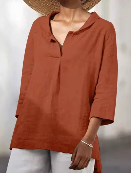 Cotton Linen Shirts Linen Shirt Button Up Long Cotton Top Women's Black White Orange Solid Color Sexy Street Daily Fashion V Neck Cotton Linen Regular Fit S Women Shirts