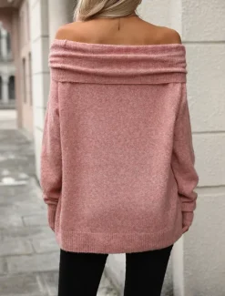 Sale Cowl Neck Off Shoulder loost Fit Knit Knitted Fall Winter Work Daily Long Sleeve Solid Color Pink Khaki Women Pullovers & Tops