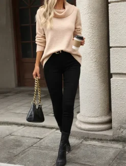 Sale Cowl Neck Off Shoulder loost Fit Knit Knitted Fall Winter Work Daily Long Sleeve Solid Color Pink Khaki Women Pullovers & Tops