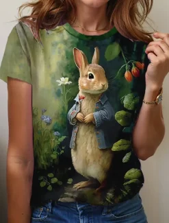 New Easter Women's T Shirt Animal Casual Short Sleeve Round Neck Regular Tops Daily Print Summer Spring Women T-Shirts