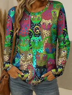 Discount Easter Women's T shirt Crew Neck Long Sleeve Tunic Graphic Animal Leopard Vintage Stylish Classic Round Neck Regular Tops Daily Print Blue Purple Orange Green Fall Women T-Shirts