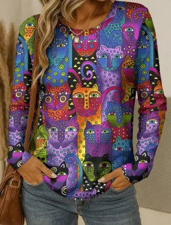 Discount Easter Women's T shirt Crew Neck Long Sleeve Tunic Graphic Animal Leopard Vintage Stylish Classic Round Neck Regular Tops Daily Print Blue Purple Orange Green Fall Women T-Shirts