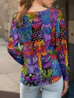 Discount Easter Women's T shirt Crew Neck Long Sleeve Tunic Graphic Animal Leopard Vintage Stylish Classic Round Neck Regular Tops Daily Print Blue Purple Orange Green Fall Women T-Shirts