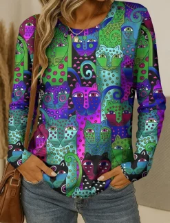 Discount Easter Women's T shirt Crew Neck Long Sleeve Tunic Graphic Animal Leopard Vintage Stylish Classic Round Neck Regular Tops Daily Print Blue Purple Orange Green Fall Women T-Shirts