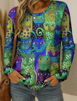 Discount Easter Women's T shirt Crew Neck Long Sleeve Tunic Graphic Animal Leopard Vintage Stylish Classic Round Neck Regular Tops Daily Print Blue Purple Orange Green Fall Women T-Shirts