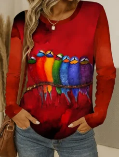 Best Easter Women's T shirt Long Sleeve Crew Neck Long Sleeve Tunic Ombre Graphic Animal Vintage Stylish Classic Round Neck Regular Tops Daily Print Red Blue Green Gray Fall Prefall Women T-Shirts
