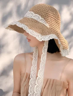 Best Elegant Beige/Khaki Straw Hat With Lace Lanyard Wide Brim Ruffle Sun Hats Breathable Travel Beach Hats For Women Girls Summer Outdoor Holiday Women Hats