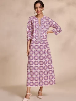 Best Ethnic Floral Notched Collar Maxi Dress Women Floral Dresses