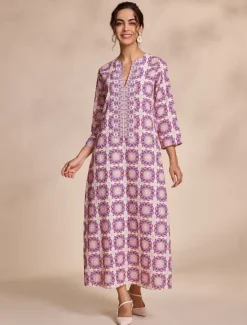 Best Ethnic Floral Notched Collar Maxi Dress Women Floral Dresses