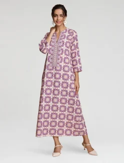 Best Ethnic Floral Notched Collar Maxi Dress Women Floral Dresses