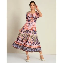 Discount Floral Lace Up Elegant Short Sleeve Midi Dress Women Casual Dress