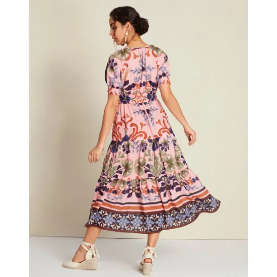 Discount Floral Lace Up Elegant Short Sleeve Midi Dress Women Casual Dress