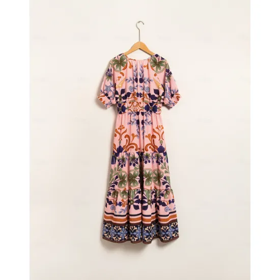 Discount Floral Lace Up Elegant Short Sleeve Midi Dress Women Casual Dress