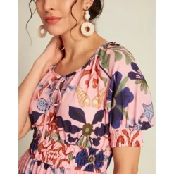 Discount Floral Lace Up Elegant Short Sleeve Midi Dress Women Casual Dress