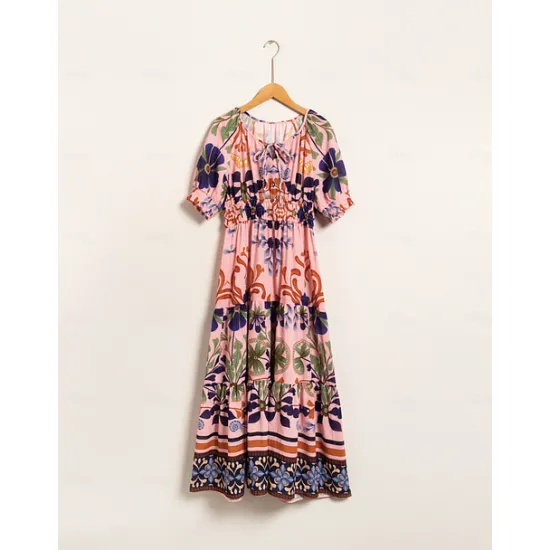 Discount Floral Lace Up Elegant Short Sleeve Midi Dress Women Casual Dress