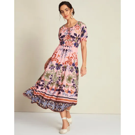 Discount Floral Lace Up Elegant Short Sleeve Midi Dress Women Casual Dress