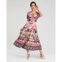 Discount Floral Lace Up Elegant Short Sleeve Midi Dress Women Casual Dress