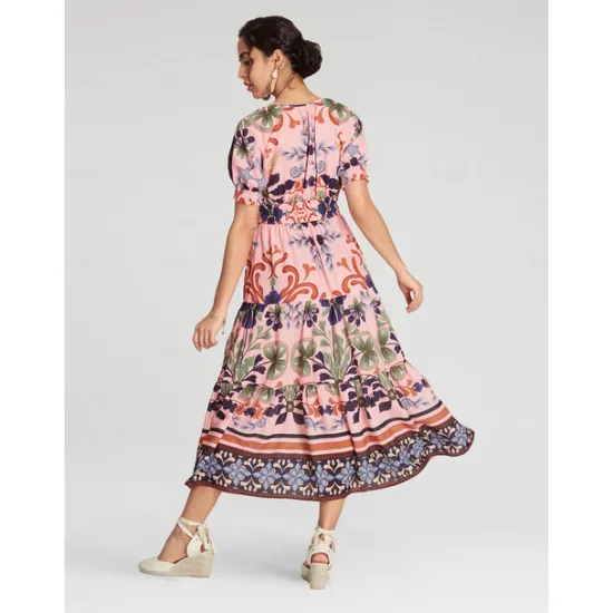 Discount Floral Lace Up Elegant Short Sleeve Midi Dress Women Casual Dress