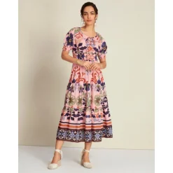 Discount Floral Lace Up Elegant Short Sleeve Midi Dress Women Casual Dress