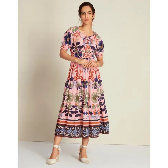 Discount Floral Lace Up Elegant Short Sleeve Midi Dress Women Casual Dress