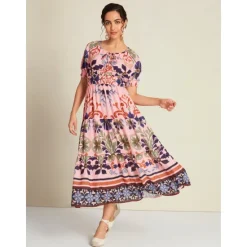 Discount Floral Lace Up Elegant Short Sleeve Midi Dress Women Casual Dress
