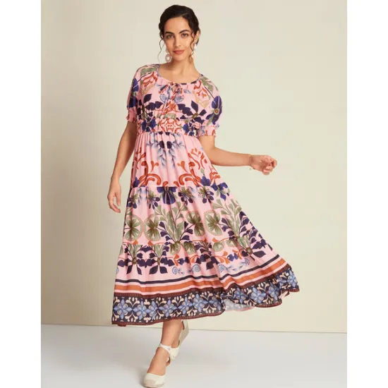 Discount Floral Lace Up Elegant Short Sleeve Midi Dress Women Casual Dress