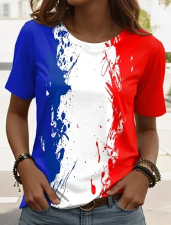 French Women's T Shirt Graphic Flag Vintage Stylish Casual Short Sleeve Crew Neck Regular Tops Daily Weekend Print Red Blue Summer Spring Women Independence Day Top