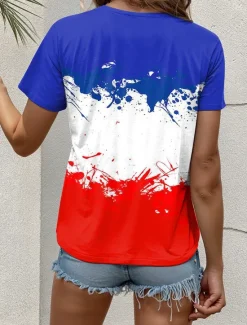 French Women's T Shirt Graphic Flag Vintage Stylish Casual Short Sleeve Crew Neck Regular Tops Daily Weekend Print Red Blue Summer Spring Women Independence Day Top