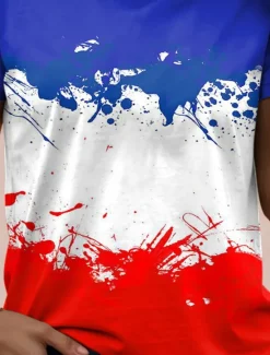 French Women's T Shirt Graphic Flag Vintage Stylish Casual Short Sleeve Crew Neck Regular Tops Daily Weekend Print Red Blue Summer Spring Women Independence Day Top