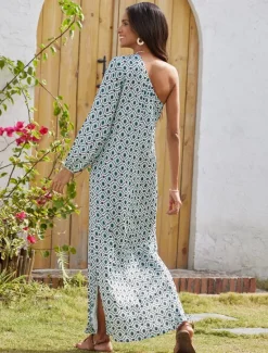 Best Geometric One Shoulder Maxi Dress Women Casual Dress|Vacation Dresses