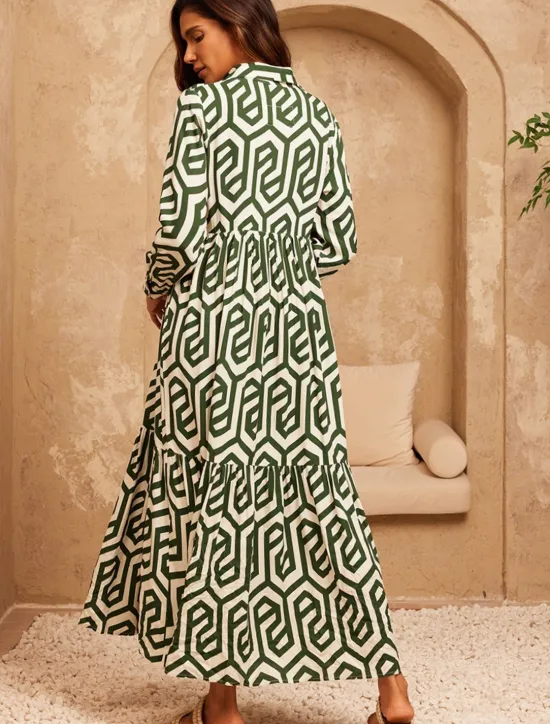 Outlet Geometric Print Maxi Dress Resort Wear Women Casual Dress|Vacation Dresses