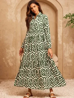 Outlet Geometric Print Maxi Dress Resort Wear Women Casual Dress|Vacation Dresses
