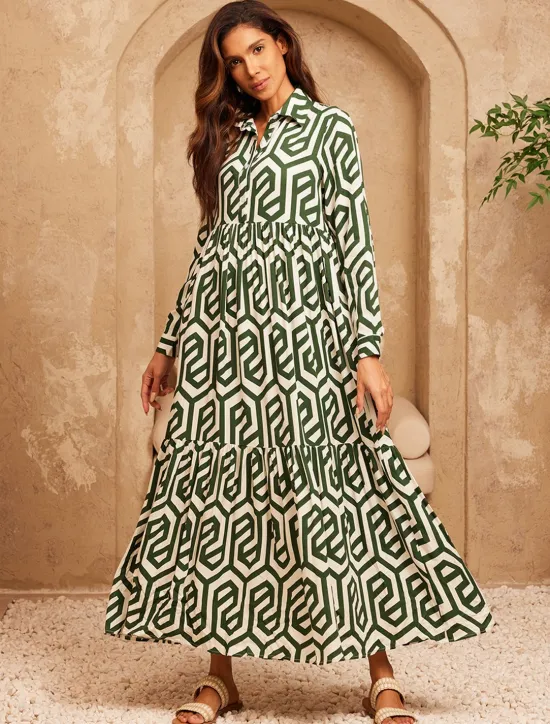 Outlet Geometric Print Maxi Dress Resort Wear Women Casual Dress|Vacation Dresses