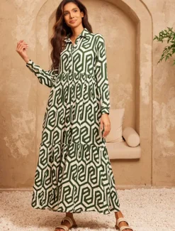 Outlet Geometric Print Maxi Dress Resort Wear Women Casual Dress|Vacation Dresses