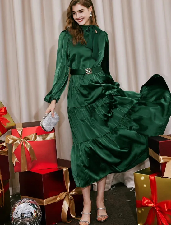 Clearance Elegant Party/Wedding Guest Ruffle Belted Tied Neck Long Sleeve Maxi Dress dress to impress 2024 Women Cocktail Dress
