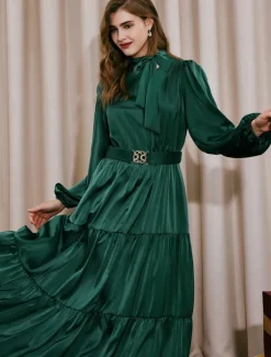 Clearance Elegant Party/Wedding Guest Ruffle Belted Tied Neck Long Sleeve Maxi Dress dress to impress 2024 Women Cocktail Dress