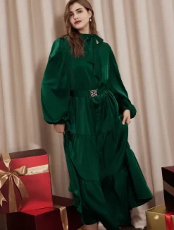 Clearance Elegant Party/Wedding Guest Ruffle Belted Tied Neck Long Sleeve Maxi Dress dress to impress 2024 Women Cocktail Dress