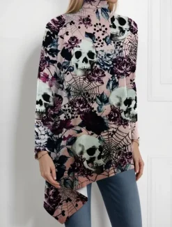 Sale Halloween Women's Blouse Floral Graphic Skull Elegant Active Stylish Long Sleeve Turtleneck Regular Tops Party Evening Wear Daily Going out Asymmetric Hem Spring Fall Winter Spring, Fall Women Blouses & Shirts