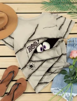 Best Halloween Women's Cotton Shirt Graphic Halloween Bohemia Vintage Stylish Short Sleeve Crew Neck Regular Tops Daily Holiday Beach Wear Print Blue Summer Spring Women Boho Tops