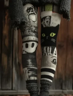 Best Halloween Women's Leggings Vacation Vintage Ethnic Style Ankle-Length High Waist Pants Graphic Cat 3D Print Quick Dry Breathability Soft Stretchy Outdoor Home Causal Black White Green Fall Regular Fit Women Leggings|Women's Sweatpants & Joggers