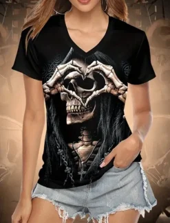 Best Halloween Women's T Shirt Floral Skull Striped Stylish Casual Funny Short Sleeve V Neck Regular Tops Daily Cute Outfits Date Night Outfits Print Summer Spring Fall Women T-Shirts