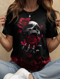 Outlet Halloween Women's T Shirt Floral Graphic Skull Vintage Stylish Classic Short Sleeve Crew Neck Round Neck Regular Tops Daily Weekend Print Black and White Black Yellow Red Blue Summer Fall Women T-Shirts