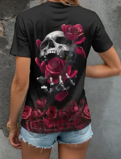Outlet Halloween Women's T Shirt Floral Graphic Skull Vintage Stylish Classic Short Sleeve Crew Neck Round Neck Regular Tops Daily Weekend Print Black and White Black Yellow Red Blue Summer Fall Women T-Shirts