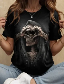 Outlet Halloween Women's T Shirt Floral Graphic Skull Vintage Stylish Classic Short Sleeve Crew Neck Round Neck Regular Tops Daily Weekend Print Black and White Black Yellow Red Blue Summer Fall Women T-Shirts